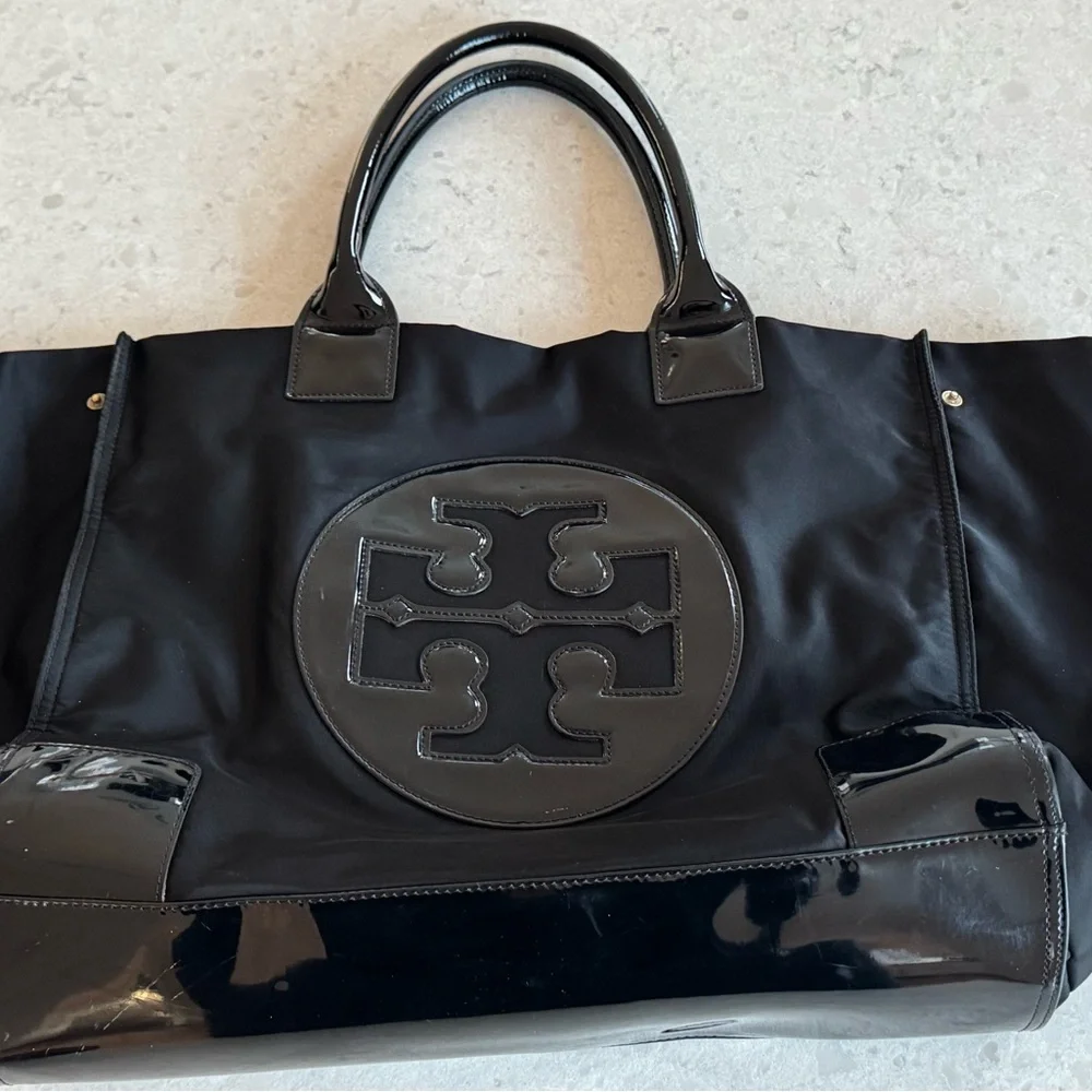 Tory Burch Black Nylon Tote with Patent Logo - Picture 9 of 15